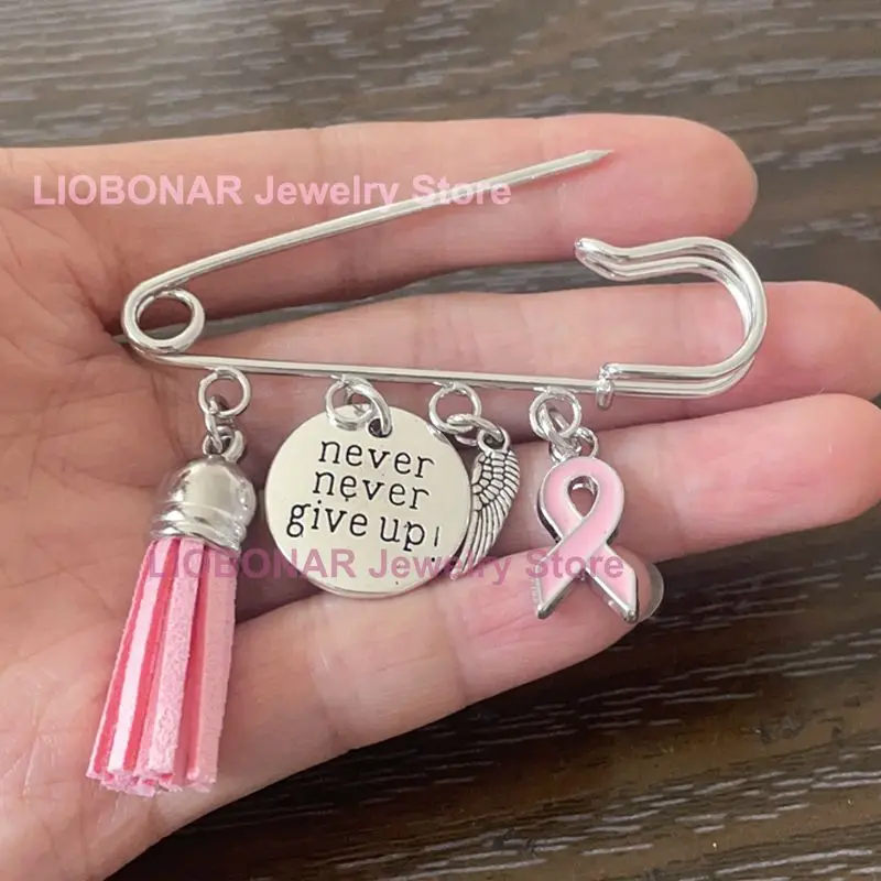 New Arrival Breast Cancer Awareness Brooch Pin never give up Breast Cancer Pink Ribbon Pin Brooch Safety Pins