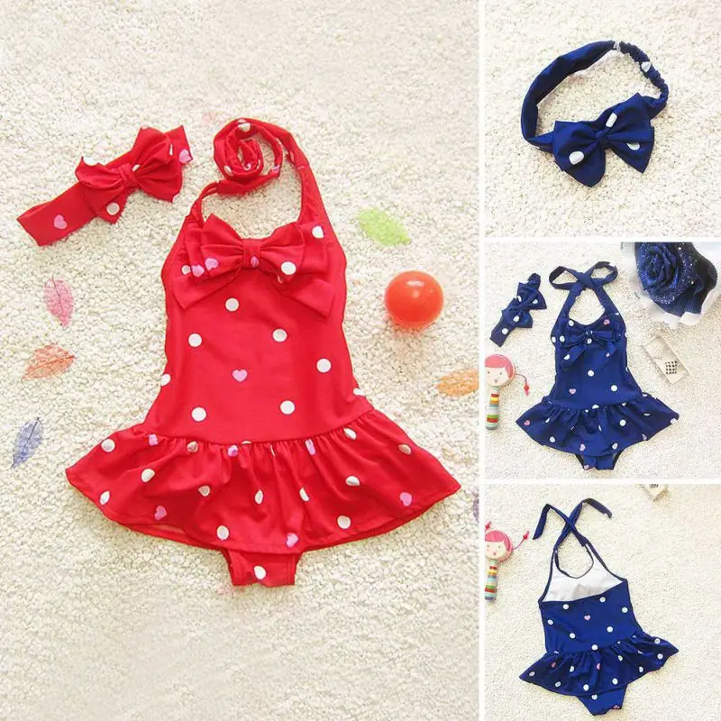 Girls Bowknot Swimsuit Polka Dots Design Children One-Piece swimwear Little Girls Summer Vacation Beach Swimsuit Outfit