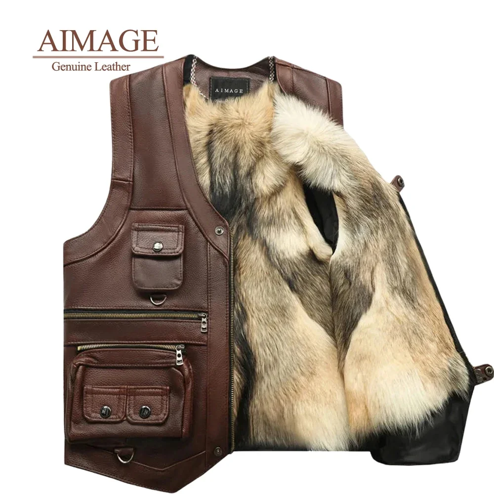 

Men natural fur leather coat winter Cowhide Genuine Leather Vest Motorcycle Mens Fit Real Brown Cow Waistcoat Bikers