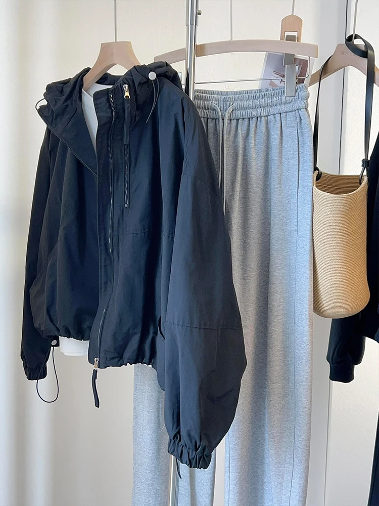 Cool Versatile Korean Style Loose Casual Black Hooded Zipper Jacket CHAO Level Recommendation Commute Style Asymmetrical Design