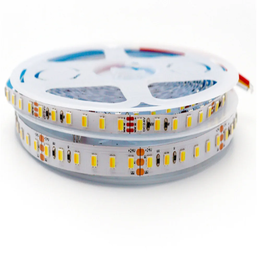 5M LED CCT Strip 24v Warm White+White SMD2835  120 LEDS/M 3000K 4000K 6000K Three Color Temperature Adjustable Cabinet  3 Wire