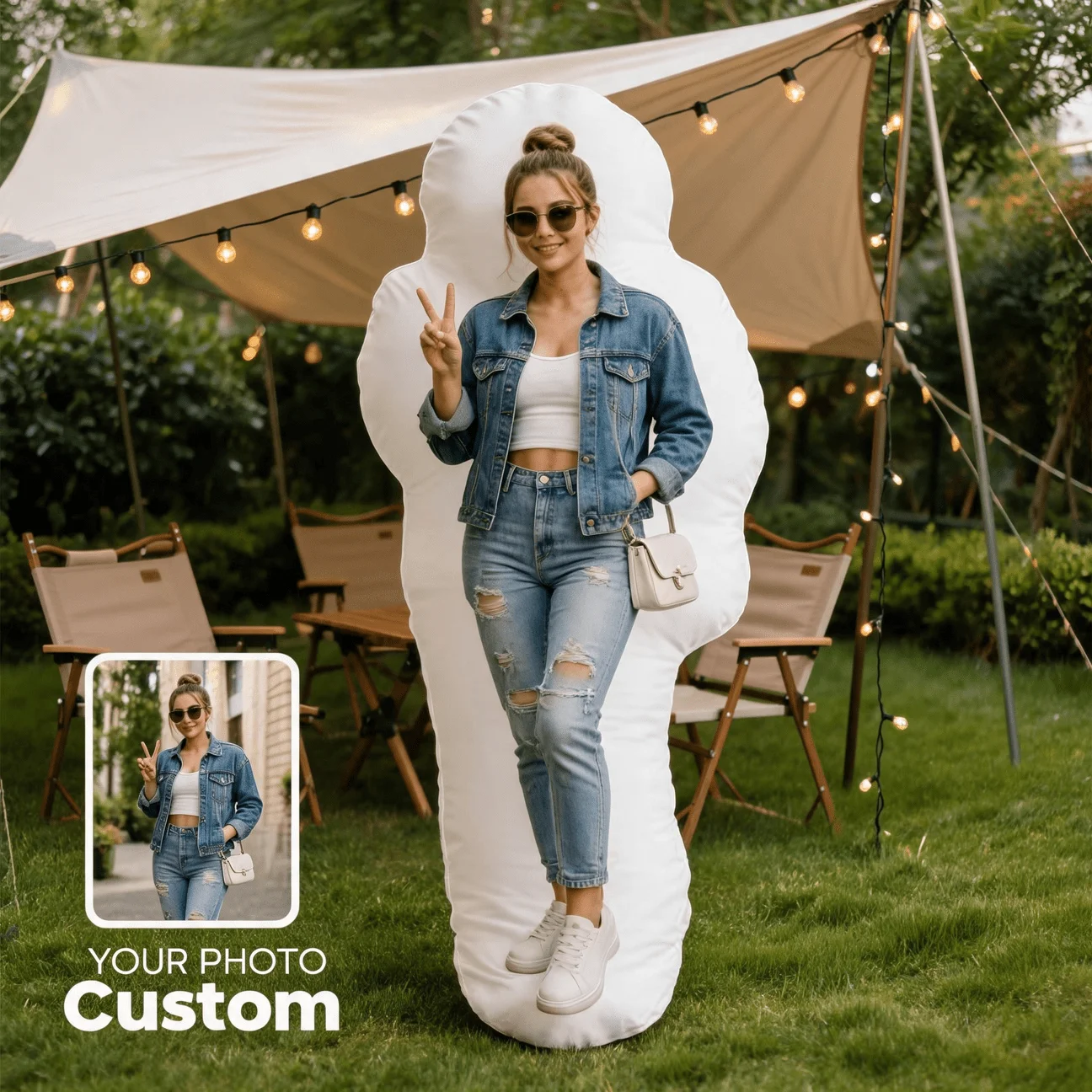 Custom Full Body Photo Shaped Pillow, Personalized Picture of Woman in Denim & Sunglasses Decorative Cushion Unique Home Decor