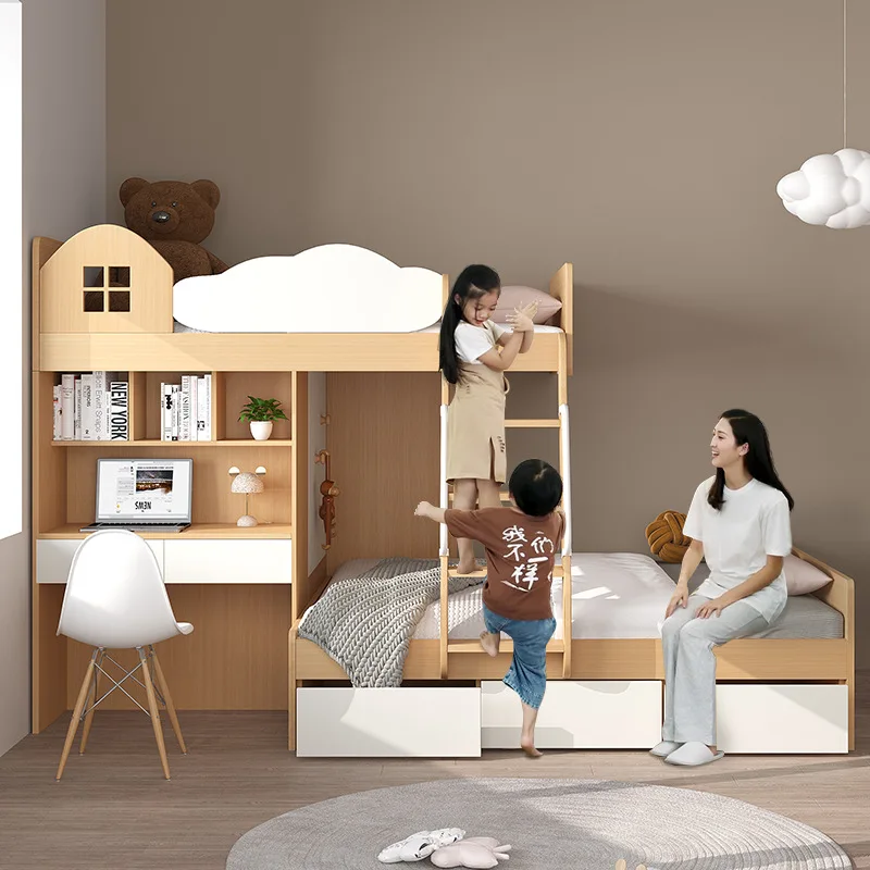 Multifunctional combination alternating bunk bed with mother-child bed with desk and cabinets under the upper bed