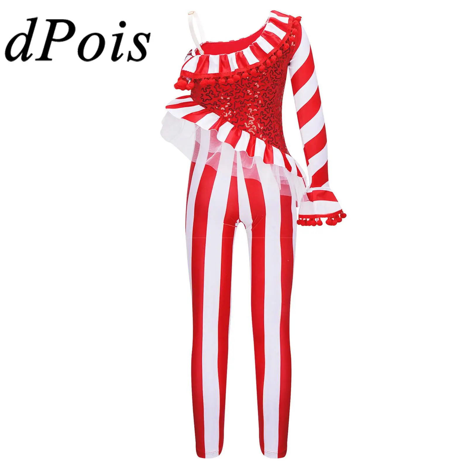 Kids Girls Candy Cane Bodysuit Christmas Dance Jumpsuit One Shoulder New Year Xmas Holiday Santa Cosplay Costume Dancewear