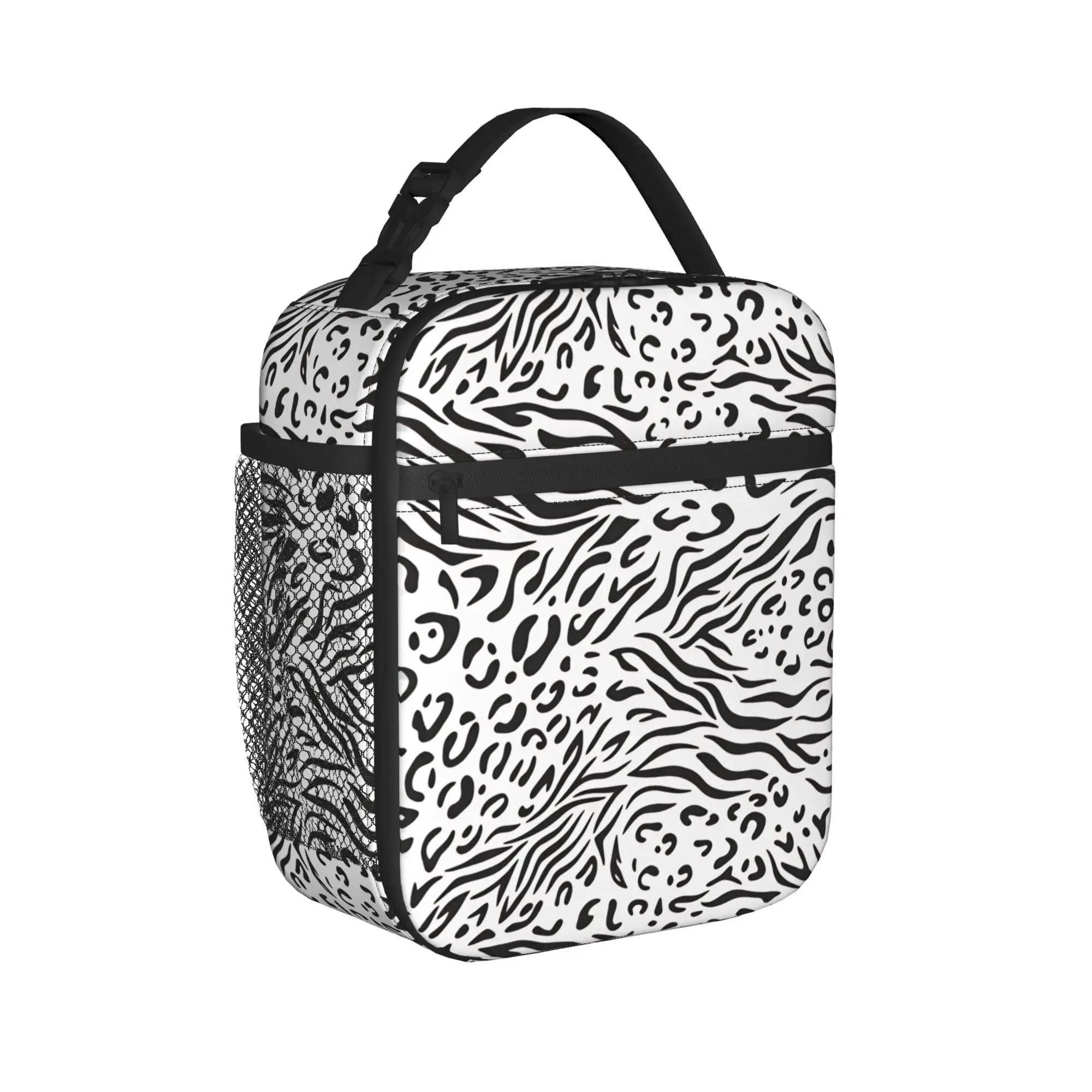 Monochrome Zebra Leopard Blend Bold Animal Lunch Bag School Portable Insulated Lunch Box For Men  Oxford Print Cooler Bag