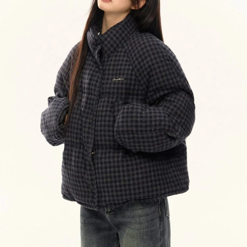 Damska luźna kurtka zimowa typu chlebak, odzież damska, koreańska krótka kurtka w kratę, ocieplana watą.
