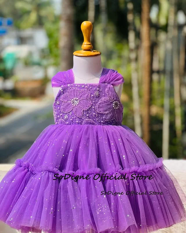 SoDigne A-line Tulle Flower Girl Dress Sleeveless Square Collar Beading Girls Skirt Party Dresses 2025 Kid Gown Customized