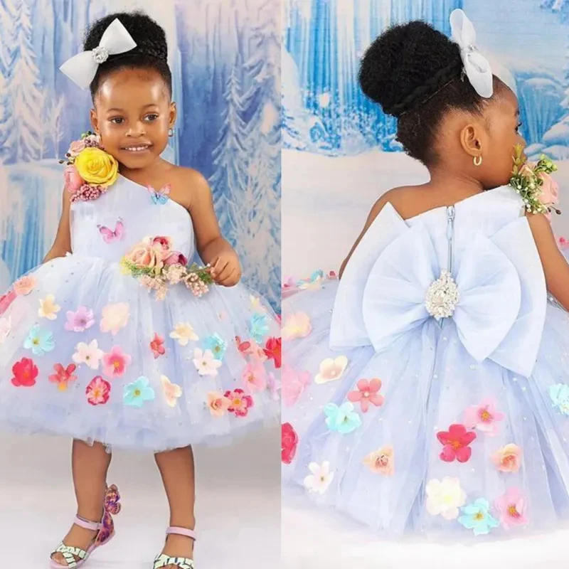 

One Shoulder Flower Girl Dresses Hand Made Flowers Knee Length Tiered Tulle Ball Gown 1ST Birthday Party Communication Dress