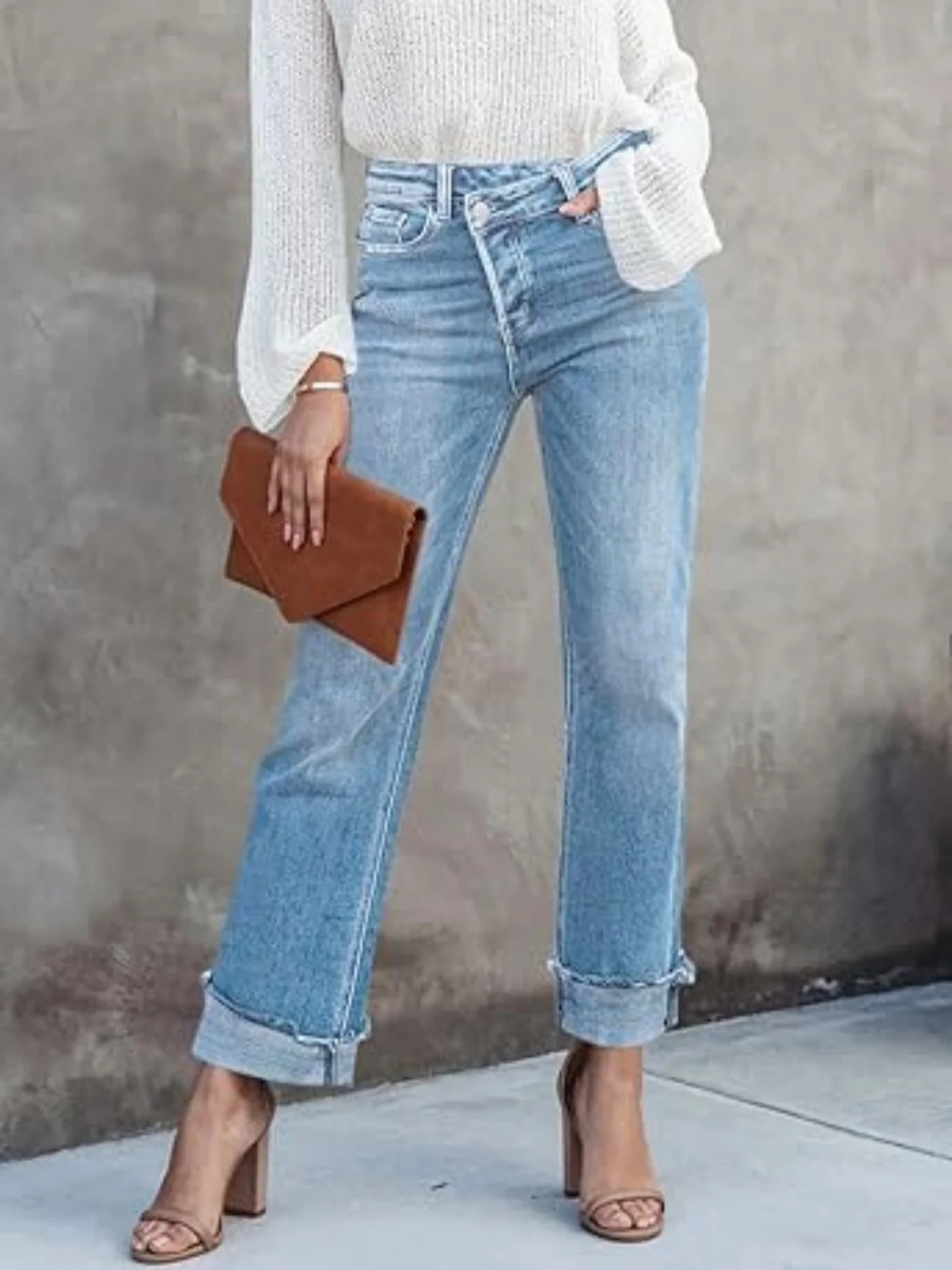 Crossover High Waisted Straight Leg Jeans Women Hem Cuffed Stretch Denim Pants Fashion Vintage Streetwear Slim Fit Trousers