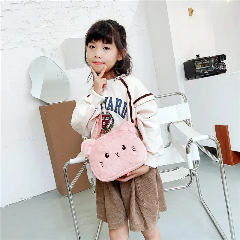 Cartoon Cat Baby Girls Crossbody Bags Cute Soft Plush Children\'s Shoulder Bag Winter Fashion Boys Kids Furry Handbags Coin Purse