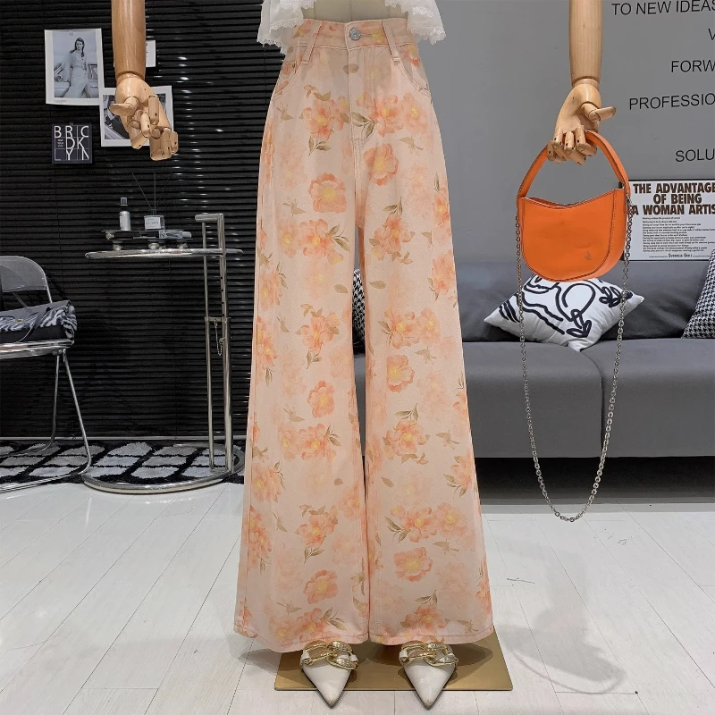 

Корейский стиль, модные женские брюки с цветочным принтом пиона, дизайн с высокой талией, свободные и универсальные джинсовые прямые широкие брюки