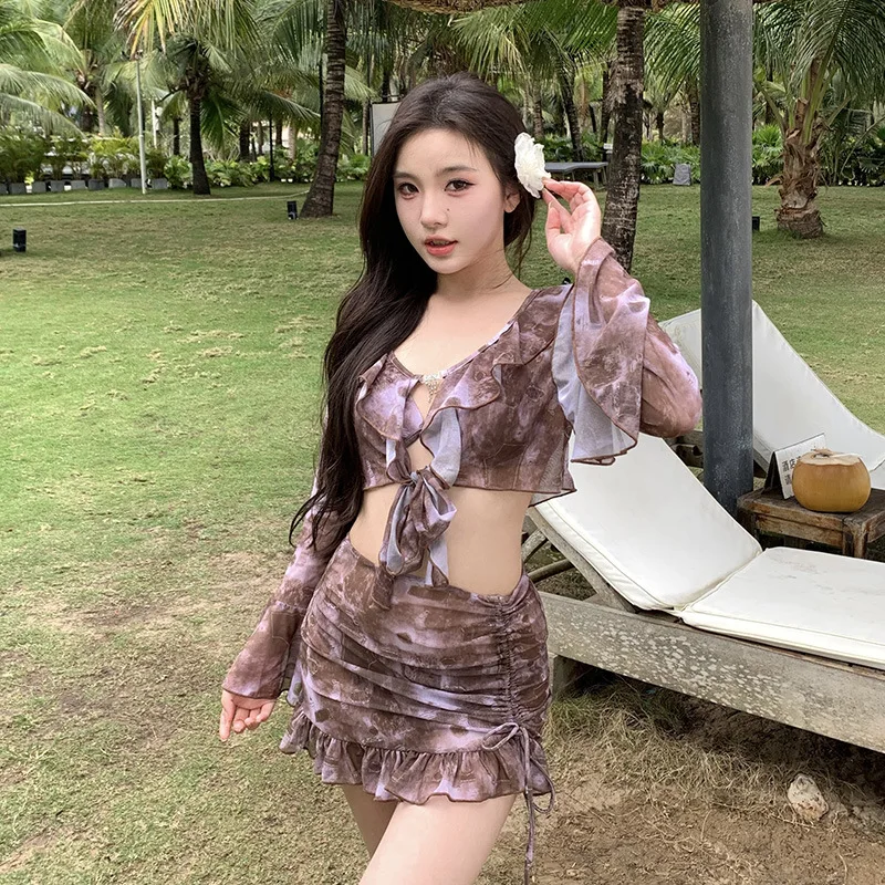 

4Pcs Tie Dye Bikini With Beach Ruffle Skirt Swimsuit Women Sexy Korean Swimwear Flared Sleeves Bathing Suits Sarongs Cover Up