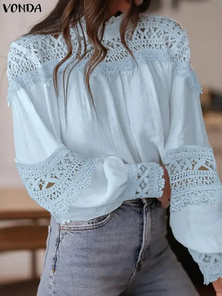 

VONDA Women Fashion Blouse Stand Collar Long Sleeve Lace Tops Spring Autumn Patchwork Casual Elegant Office Lady Shirts Blusas
