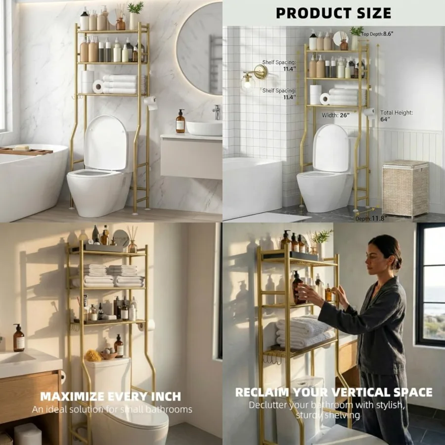 

Over Toilet Storage with Anti-Tilt Safety System - 150lb Total Capacity Metal Bathroom Shelves Including Paper Holder and 4 Hoo