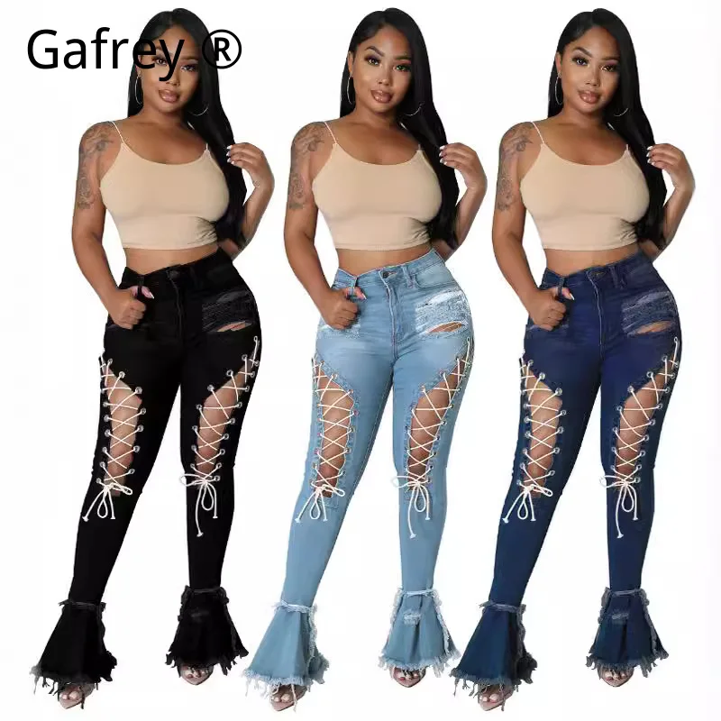 Women's Sexy Eyelet Lace Up Jeans, High Waist Ruched Drawstring Denim Pants, Skinny Stretch Trousers, Summer Streetwear Bottoms