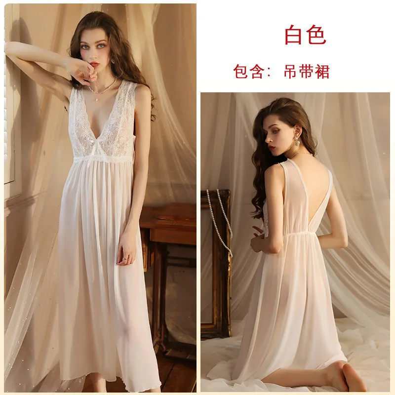 Sexy Suspender Nightgown Female Sleepwear Women Lace Nightdress Loungewear Summer Chiffon Nighty Gown Homewear