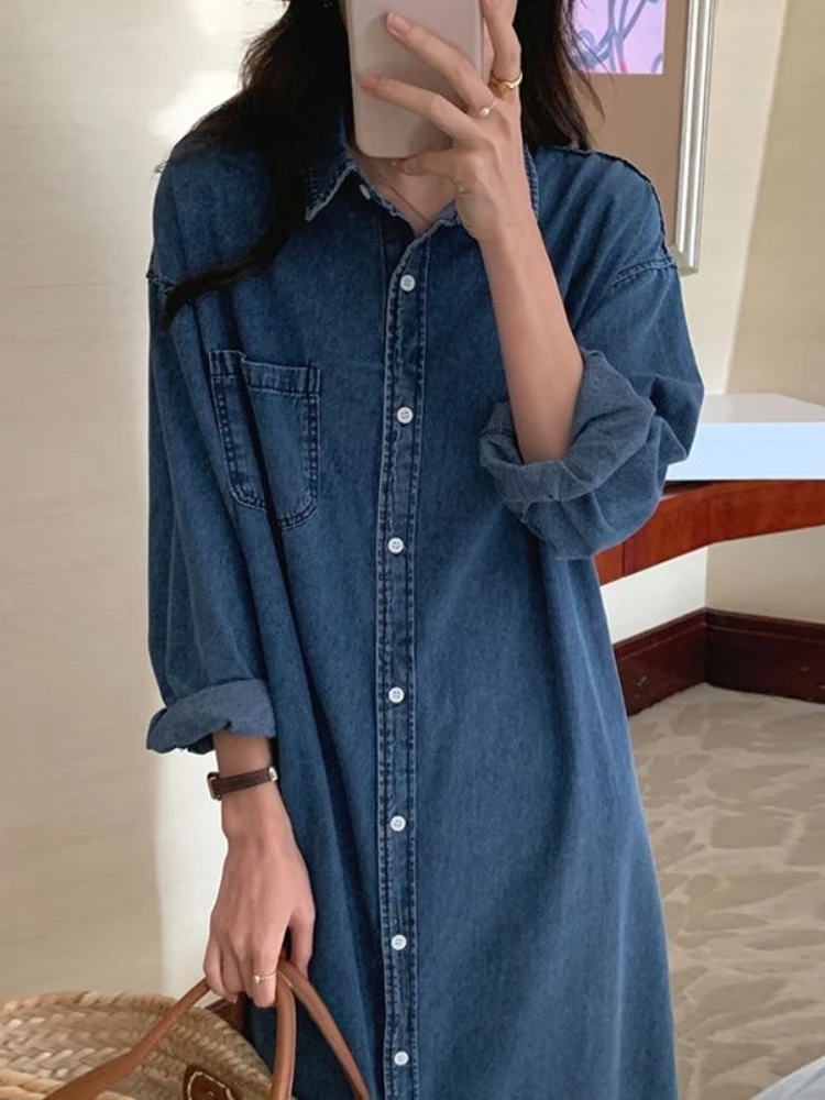 New in Spring Summer Women Casual Shirt Dress Loose Long Sleeve Cardigan Dress Korea Ladies POLO Collar Denim Shirt Long Dresses