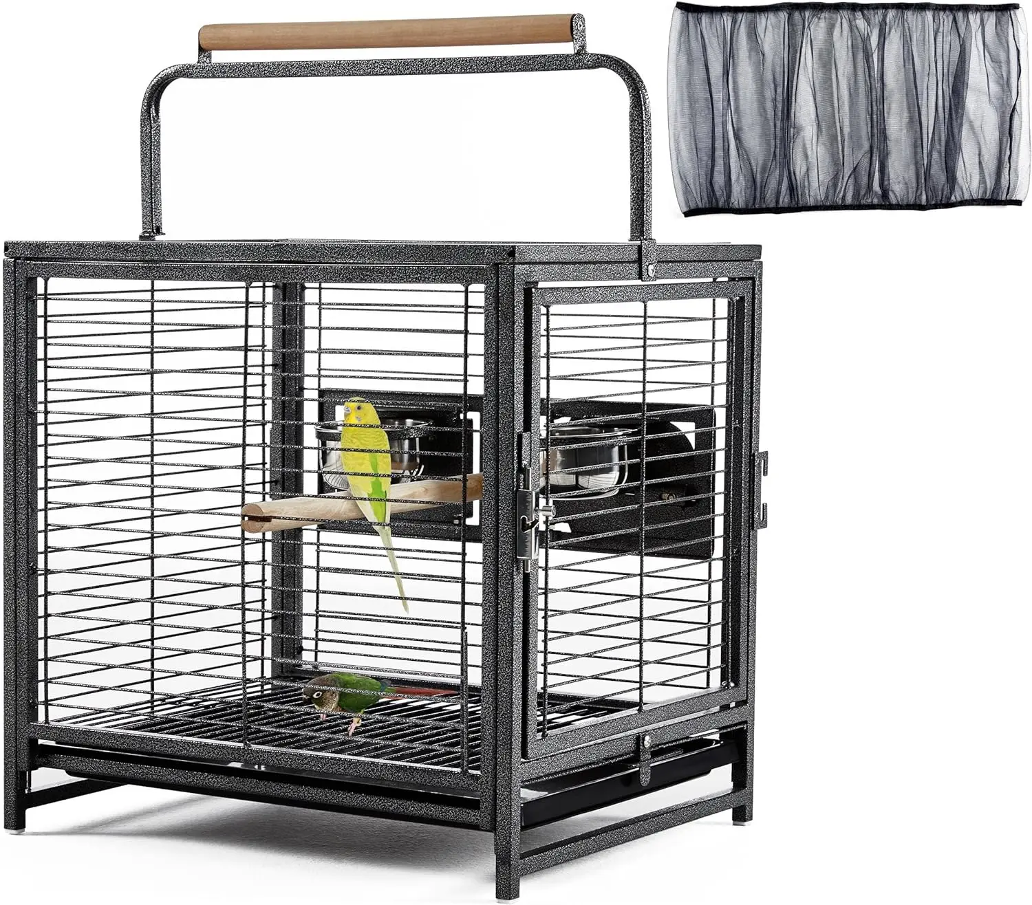 

25.5'' Wrought Iron Bird Travel Carrier Cage Parrot Cage with Handle Wooden Perch & Seed Guard for Small Parrots Canaries