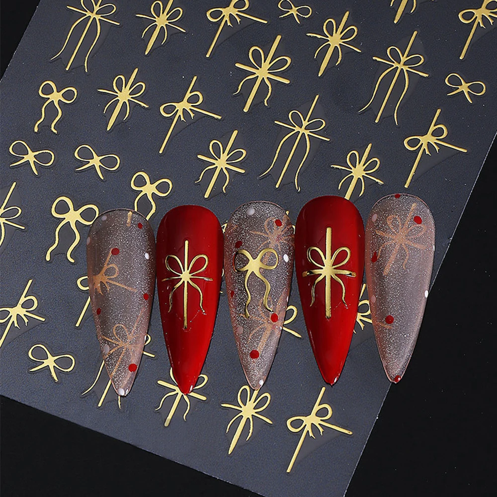 1장 그린 레드 선물 리본 보우 네일 스티커 골든 트위스트 리본 보우 셀프 접착 네일 데칼 심플 리본 매니큐어 데칼