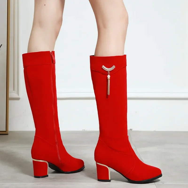 Autumn Winter Knee High Boots Women Black Red Flock Women\'s High Boots Luxury Casual Low Heels Fashion Long Party Shoes Female