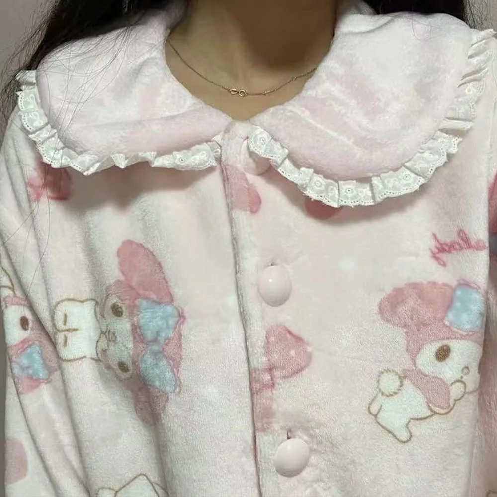 

Cute Plush Pajamas Set My Melody Women Doll Collar Sanrio Cartoon Winter Coral Fleece Thickened Warm Girls Student Home Wear Set