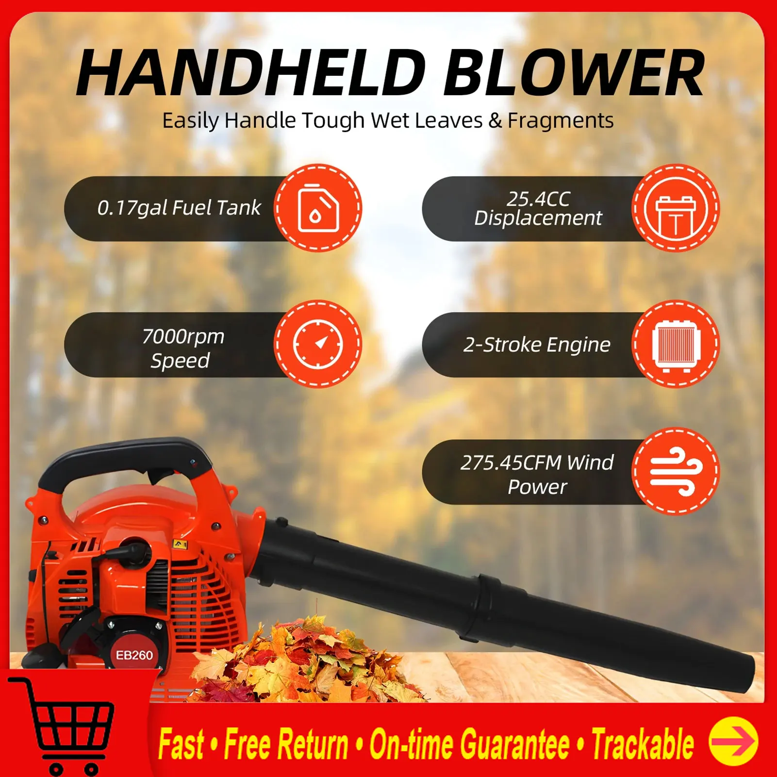 750W Gas Powered Leaf Blower 2Stroke Engine 25.4CC 275.45CFM Air Volume 0.65L Oil Tank Handheld Blower Powerful Wind Snow Blower