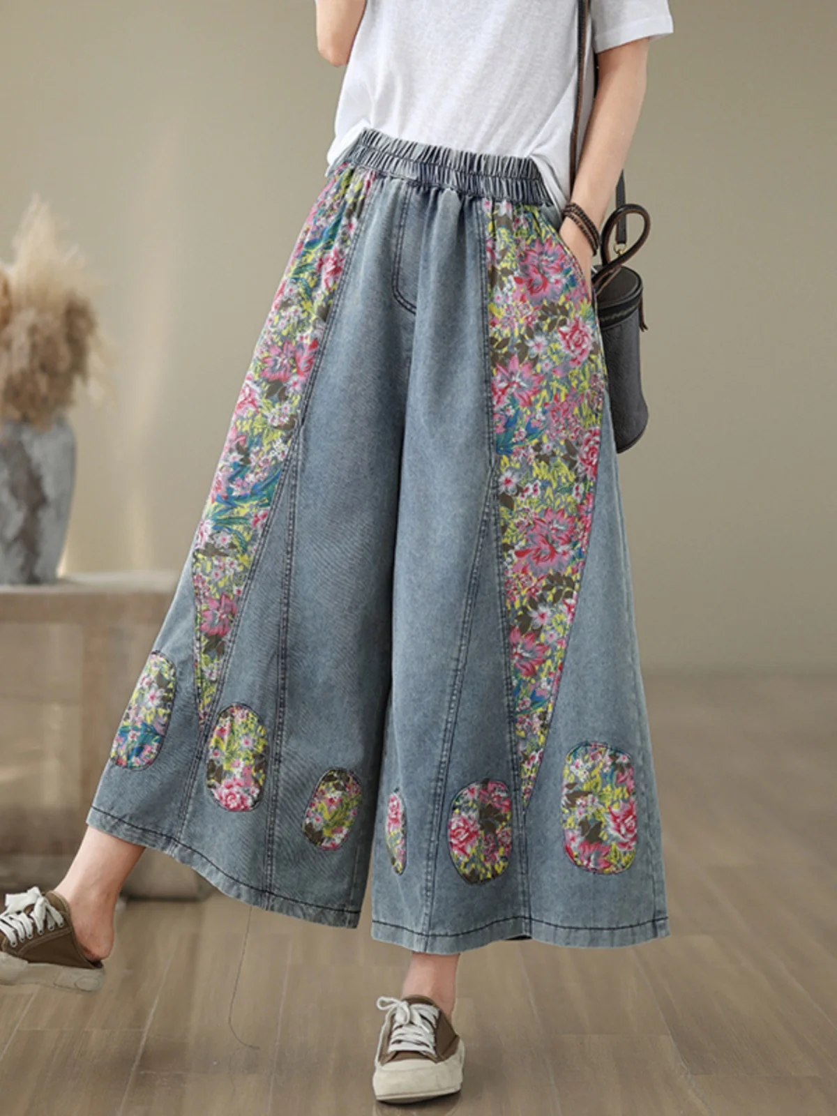 Retro kleur blo print getailleerde denim broek hoge taille dunne sle afslankende casual negenpunts wijde pijpen broek voor dames