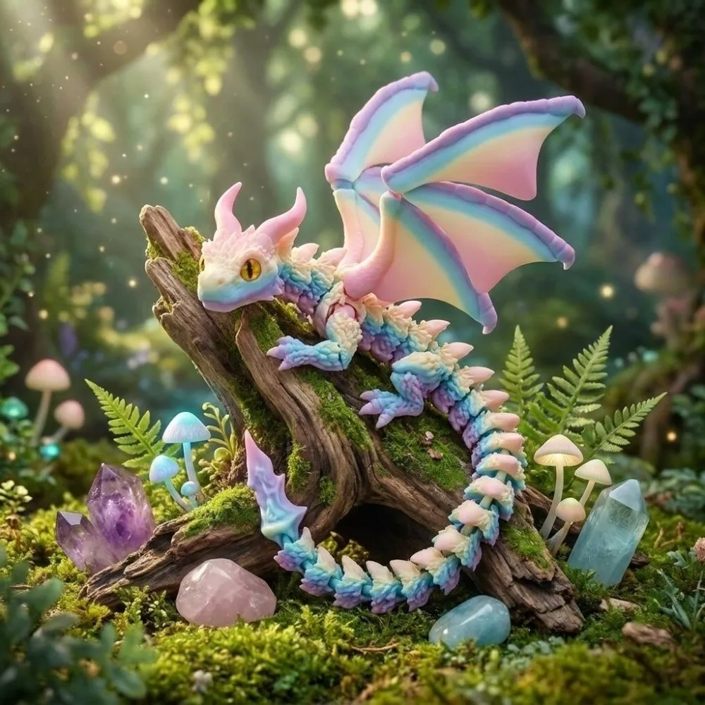 3D Printed Articulated Dragon Multi-Joint Double Horn Dragon Figurine Random Eye Colors Changing Mysterious Eyes