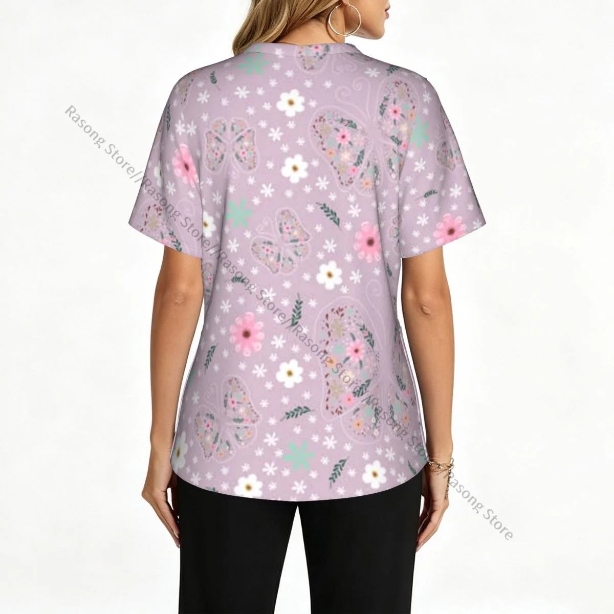 Flowers Butterfly Leaves Floral Texture Scrubs Medical Uniform Women V Neck Short Sleeve Tunic Scrubs Tops Nursing Uniform
