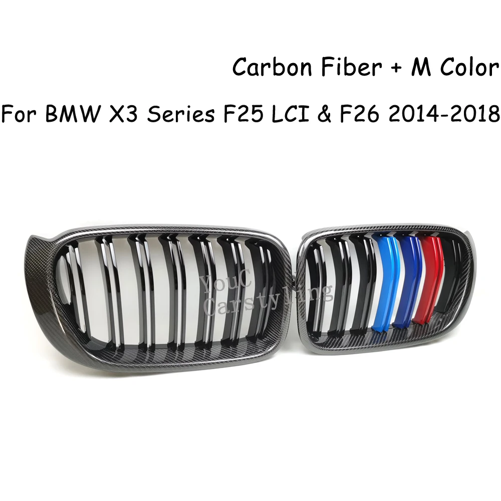 Carbon Fiber 2-Slat Style Racing Front Kidney Grills for BMW X3 F25 & X4 F26 2014-2018 5-door SUV Gloss M Color Grille