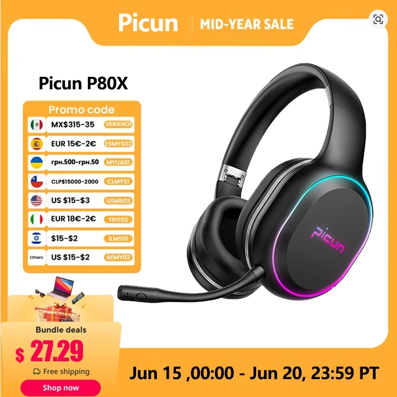 Picun P80X Gaming Headphones Wireless Headset With Mic RBG Light Vibration Bluetooth Hi-Fi Earphone For PS4 PS5 PC Switch 30H