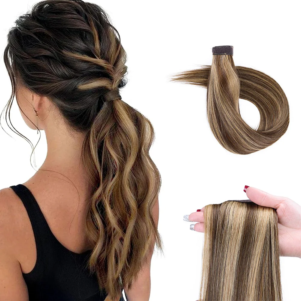 

Ponytail Hair Extensions Human Hair Magic Paste Invisible Ponytail Hair 14-22Inch #4/27 Dark Brown Highlight Caramel Blonde