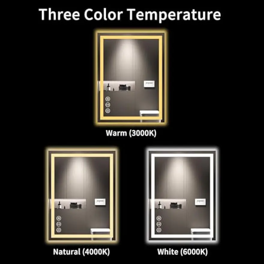 Espejo de baño LED 20X28 con antivaho, luces regulables, función de memoria, vidrio templado, listado en ETL