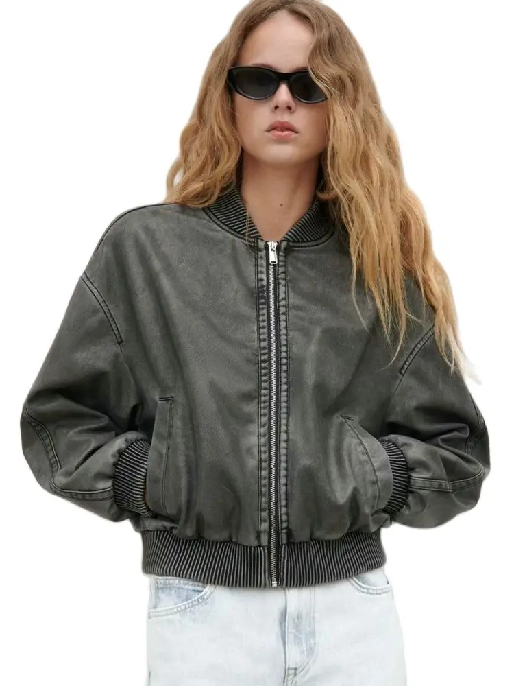 2025 New Autumn Women Vintage Bomber Washed PU Faux Leather Jackets Ladies Gradient Zipper Motor Biker Gray Baseball Short Coats