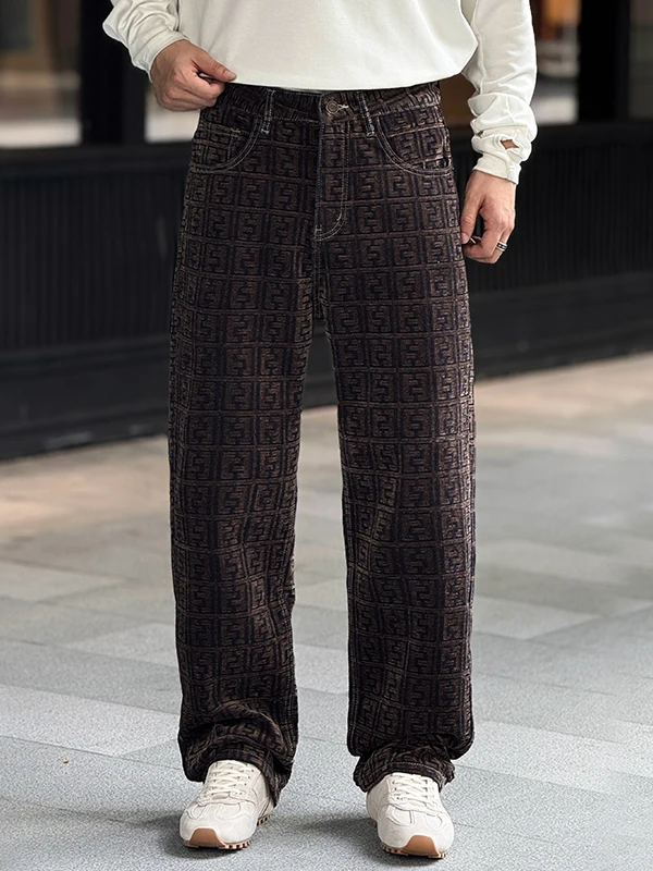 

American Sle Faux Velvet Embroidered Jeans Men's Retro Casual Straight Loose Wide Leg Long Pants Cotton Polyester Blend