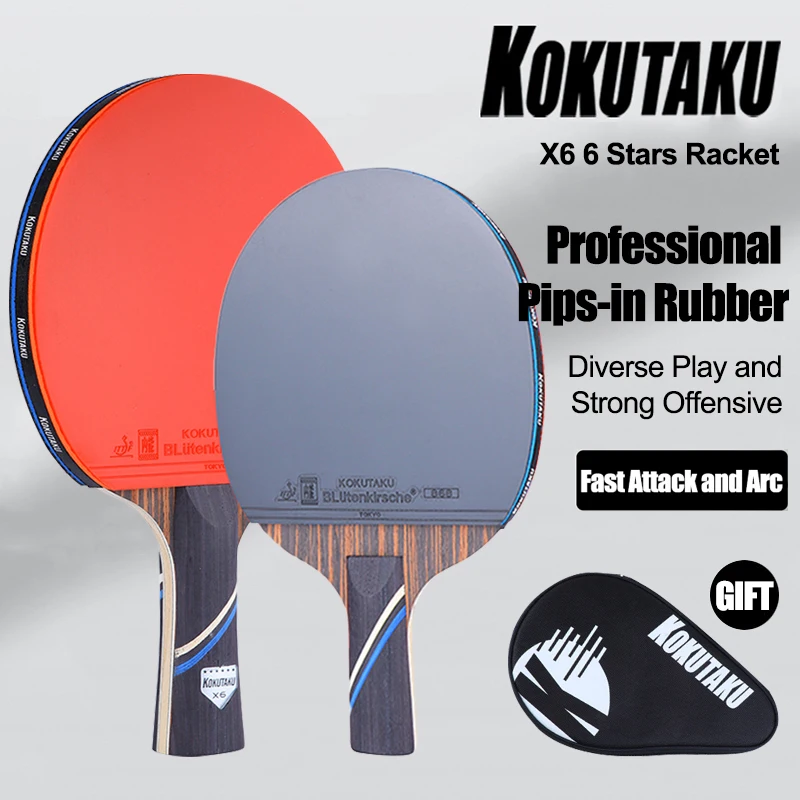 

KOKUTAKU X6 Table Tennis Racket 7 Layer Ebony Blade with Pips-in Rubber Professional Offensive Ping Pong Paddle Fast Attack 1pc