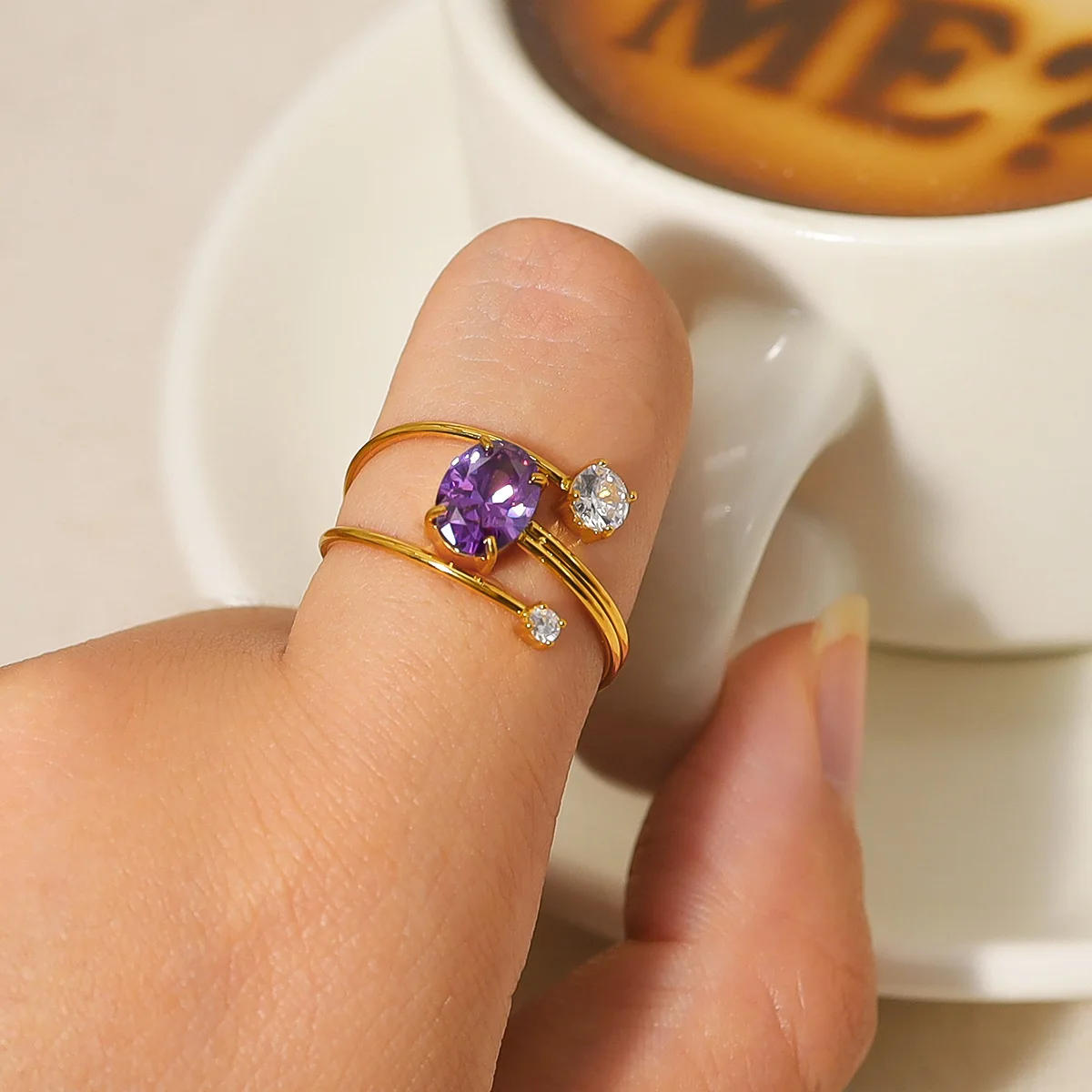 Elegant Jewelry 18K Gold Plated Stainless Steel Adjustable Stack Designed Cubic Zirconia Amethyst Purple Ring for Women