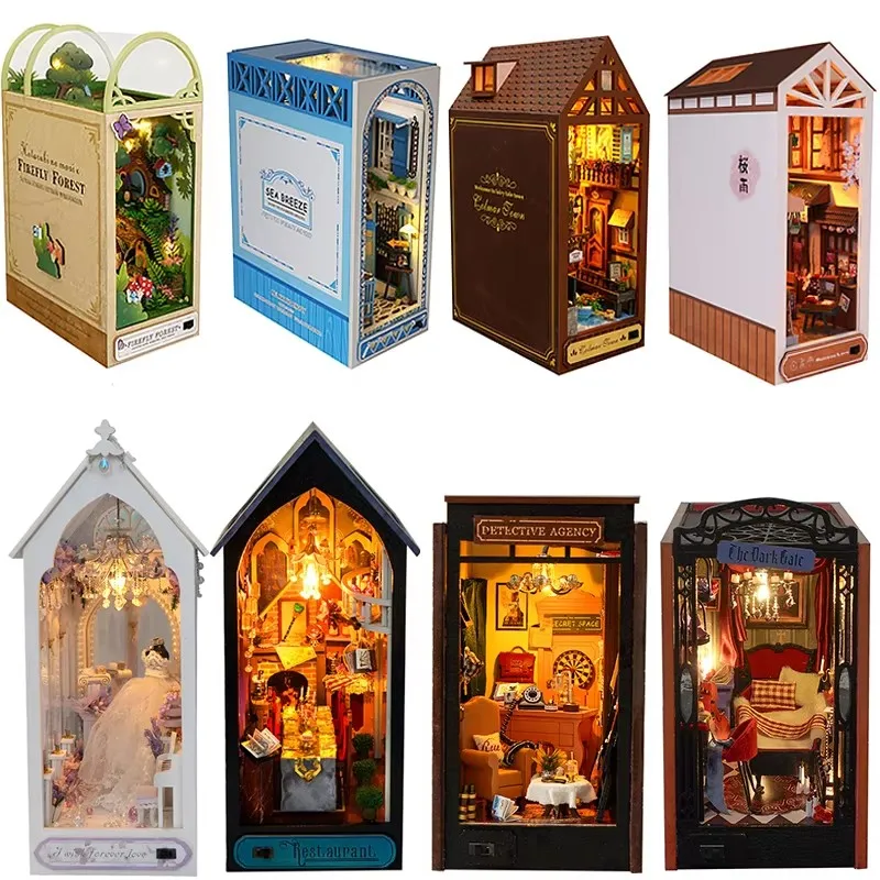 Wooden Book Nook DIY Miniatures Shelf Insert Dollhouse Building Bookshelf Bookend Home Decoration Doll Houses Toys For Friends