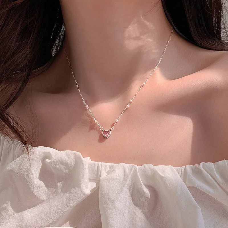 Sweet Cute 925 Sterling Silver Pink Heart-shaped Crystal Pendant Necklace for Women Korean Girlish Style Jewelry Accessory Gifts