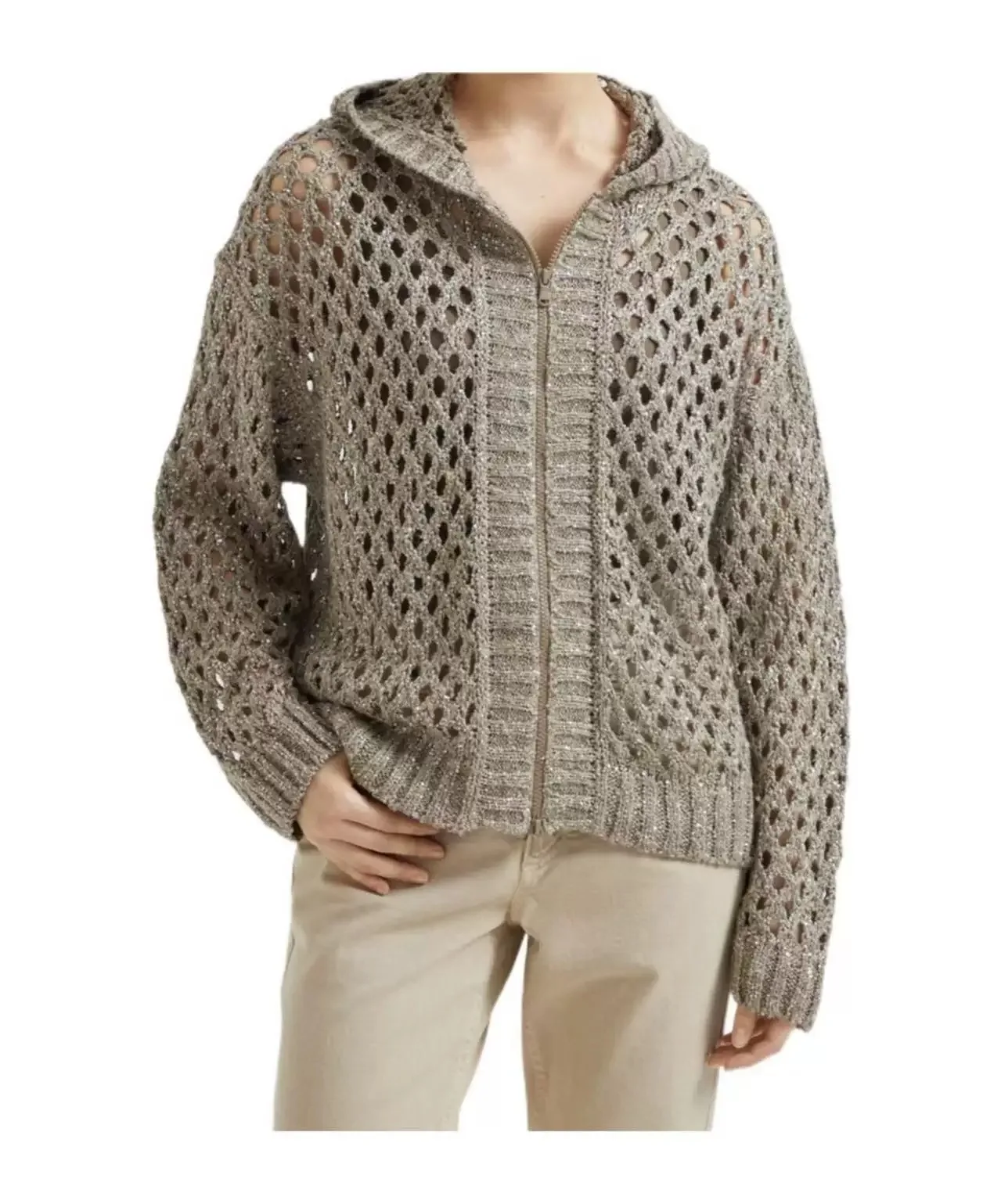 25 초가을 새로운 중공 후드 스팽글 지퍼 캐시미어 니트 카디건 세련되고 다양한 캐주얼 재킷