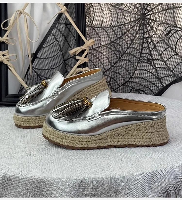 

Tassel Thick-Soled Straw-Woven Sandals Silver Soft Leather Slip-On Mules Slippers Leaf-Decorated Platform 5cm Heel Women Shoes