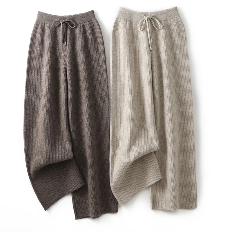 

100% Merino Wool Knitwear Autumn Winter Women's Cashmere Wide Leg Pants Basic Thick Soft Casual Sashes Korean Popular Pants