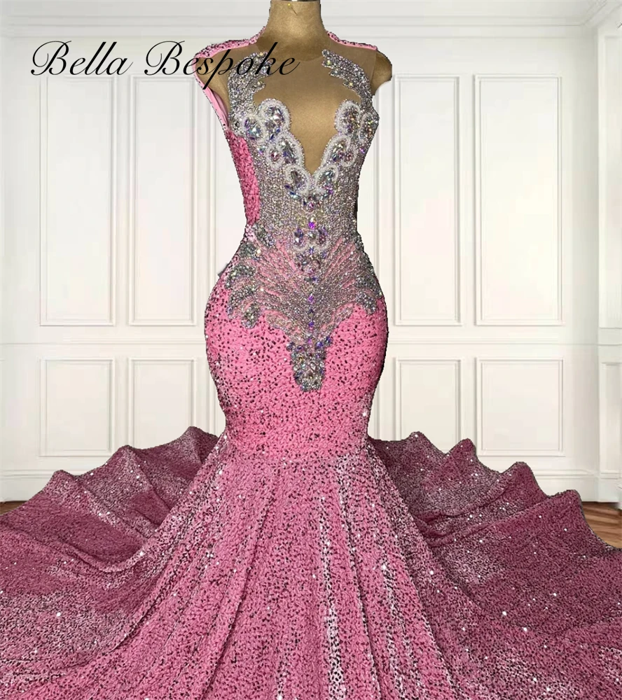 

Pink Black Girls Prom Dresses Long Sparkly Sequin Mermaid Special Occasion Dress Bead Crystal Rhinestone Party Gowns Customized