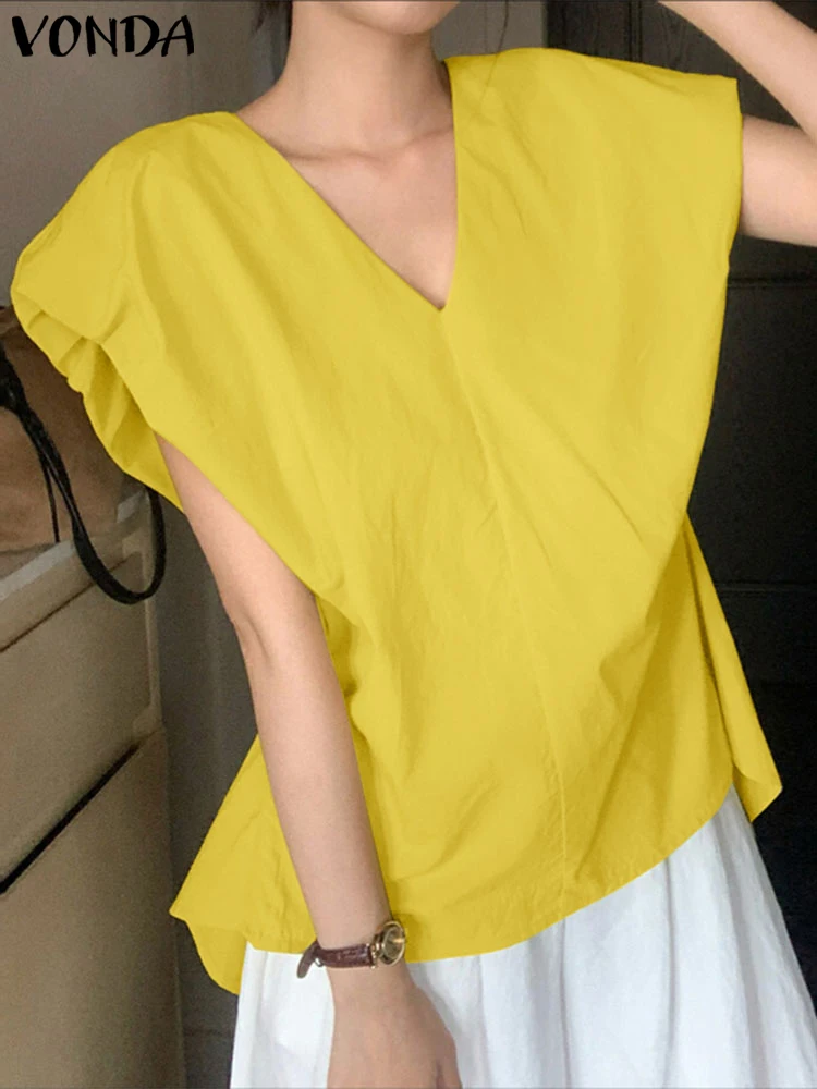 

VONDA Elegant Blouse Women Short Sleeve V-Neck Asymmetrical Tops Tunic 2025 Fashion Solid Color Office Lady OL Korean Shirts