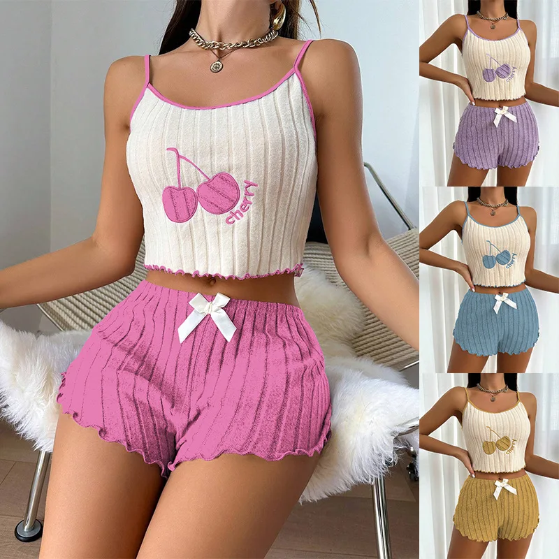

European and American Style Embroidered Pajamas for Women's Hairy Suspender Vest Shorts Set Home Clothes Summer Pajamas Set