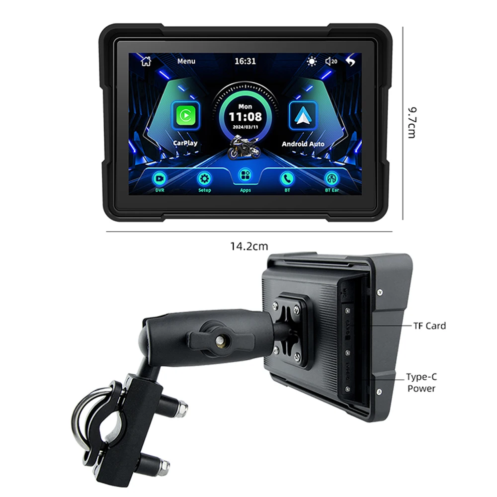 Eyki painel digital portátil para motocicleta, 5 polegadas, tela de navegação gps, sem fio, carplay, moto, android, monitor automático, bt5.0