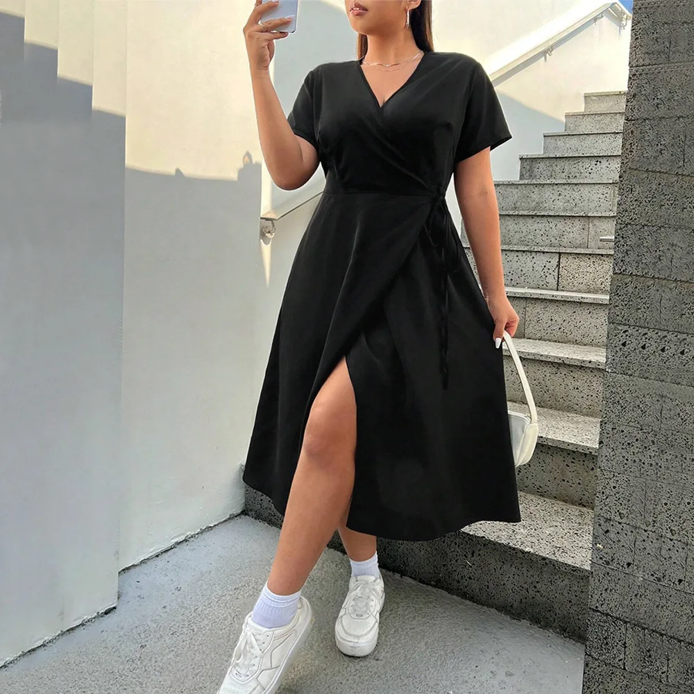 

V-neck slit mid-length dress solid color slim-fit temperament commuter short-sleeved dress robe argent elegantes dresses