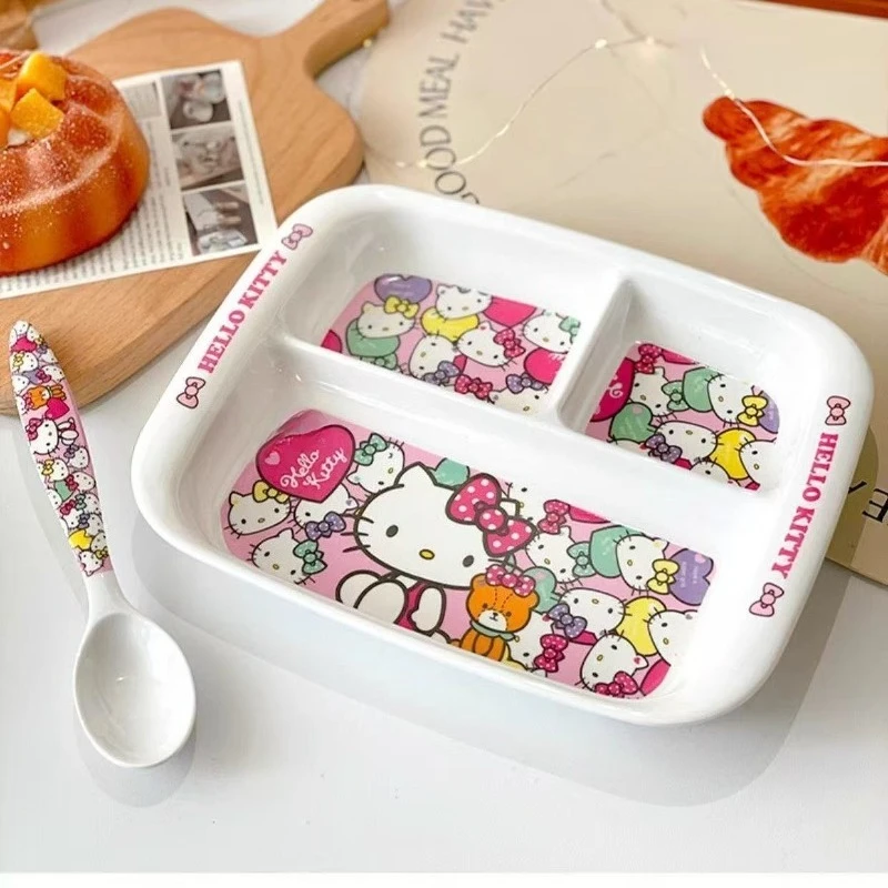 Plato Dividido de Tres Compartimentos Hello Kitty, Bandeja de Servir de Melamina para Adultos y Niños, Desayuno, Fruta, Carne