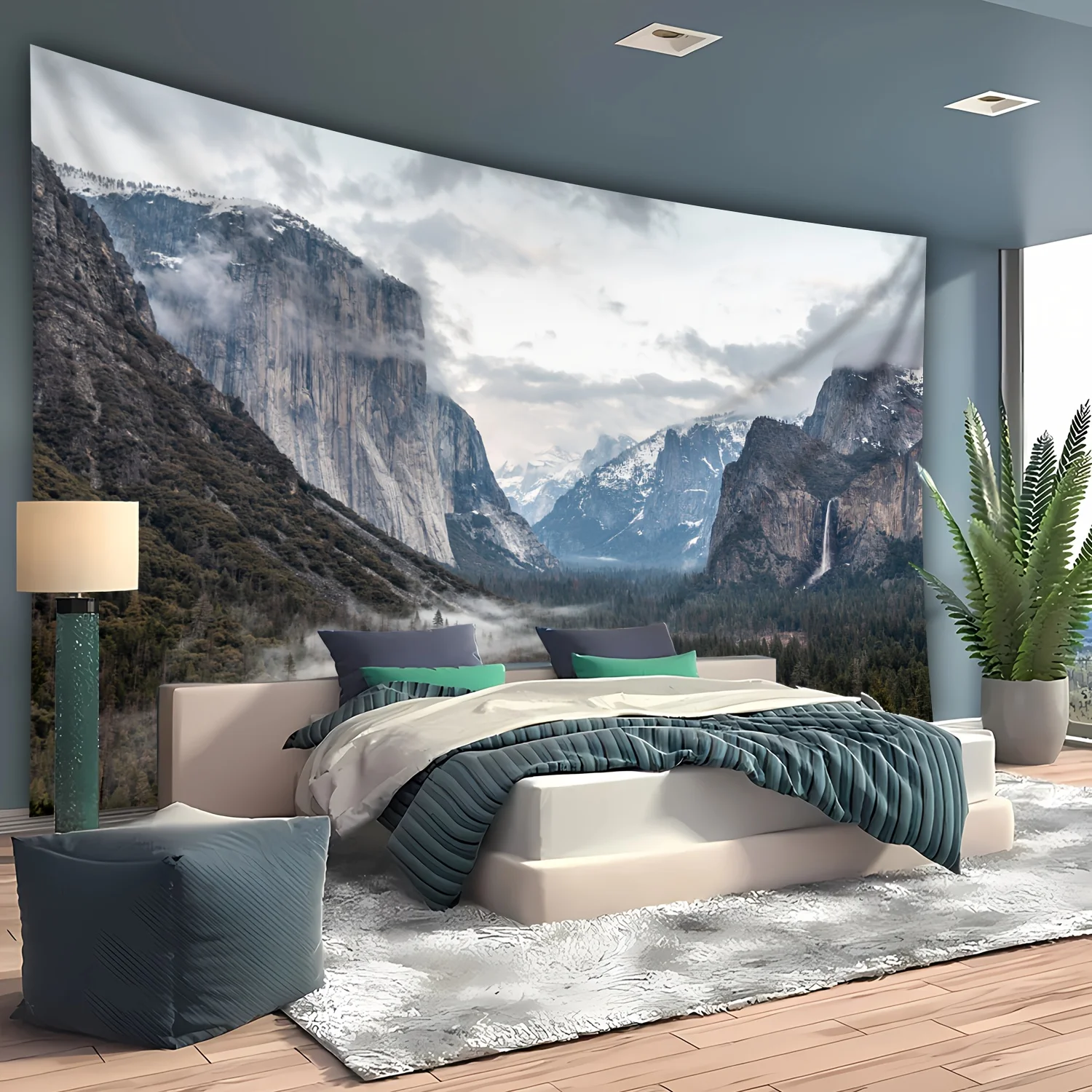 Yosemite Valley Tapestry, Majestic Mountains and Waterfall Landscape, Nature Scenery Wall Art for Home Bedroom Decor
