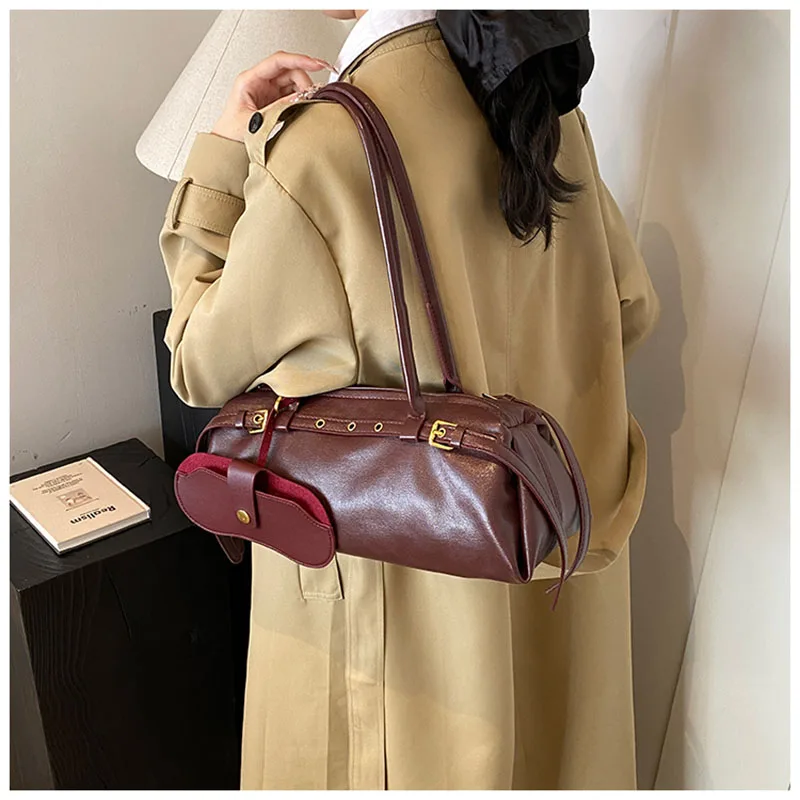 

Retro Designer Purple Red Large Capacity Tote Bag 2024 New Autumn Women's Zipper Shoulder Bag Versatile Commuting Ladies Handbag